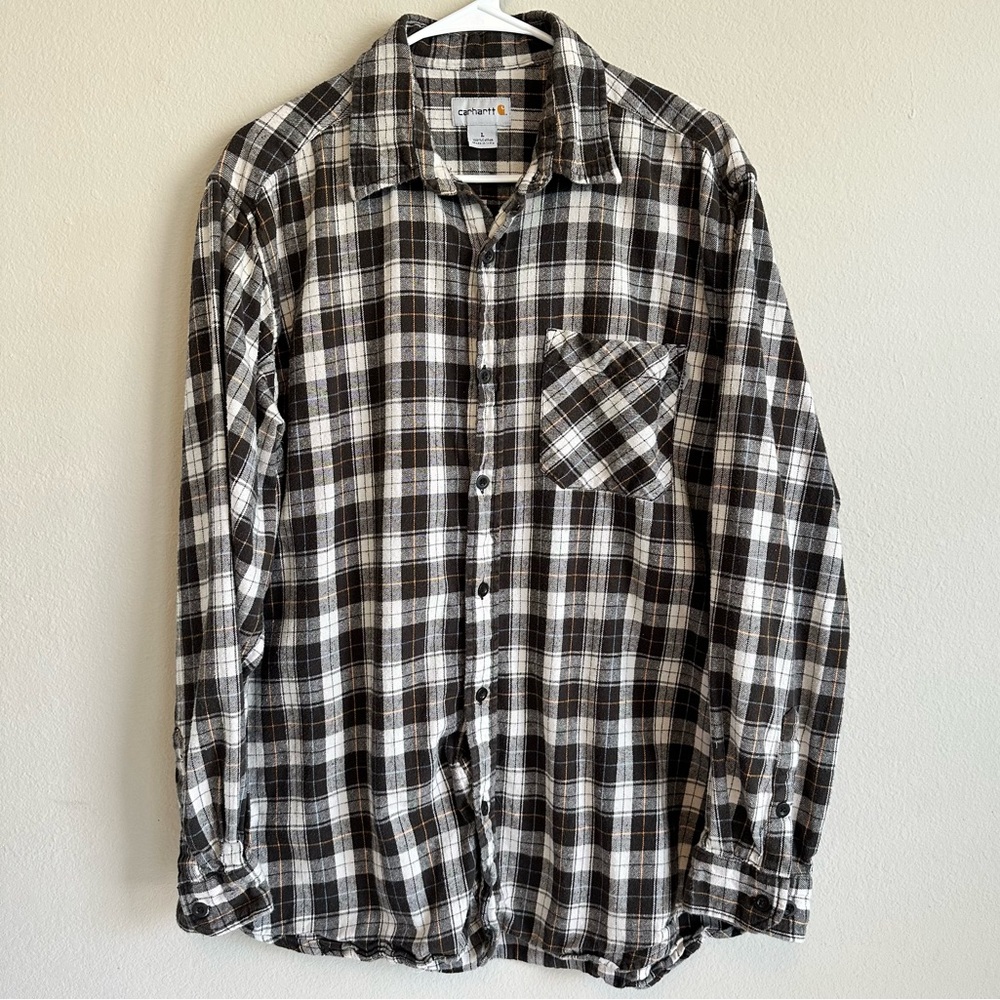 Carhartt Mens Large Flannel Shirt Brown Plaid Long Sleeve 100% Cotton Workwear